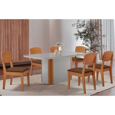 Conjunto: Mesa Sala Jantar Pietá C/ Tampo Madeirado C/ Vidro Canto Curvo 180x90cm e 6 Cadeiras