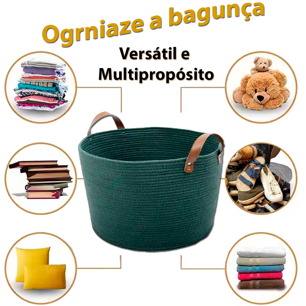 Cesto Grande Algodão Alça Couro Organizador Redondo Decoração Boho - 4