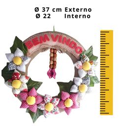 Guirlanda Bem Vindo Com Fuxico De Flores entrada de porta boas-vindas/bem-vindo:Bem-vindo - 3