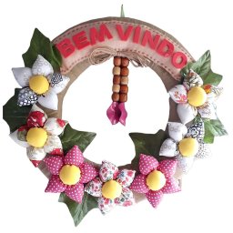 Guirlanda Bem Vindo Com Fuxico De Flores entrada de porta boas-vindas/bem-vindo:Bem-vindo - 1