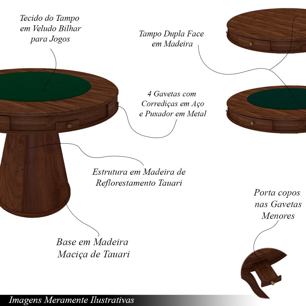 Conjunto Mesa de Jogos Carteado Bellagio Tampo Reversível e 4 Cadeiras Madeira Poker Base Cone Velud - 4
