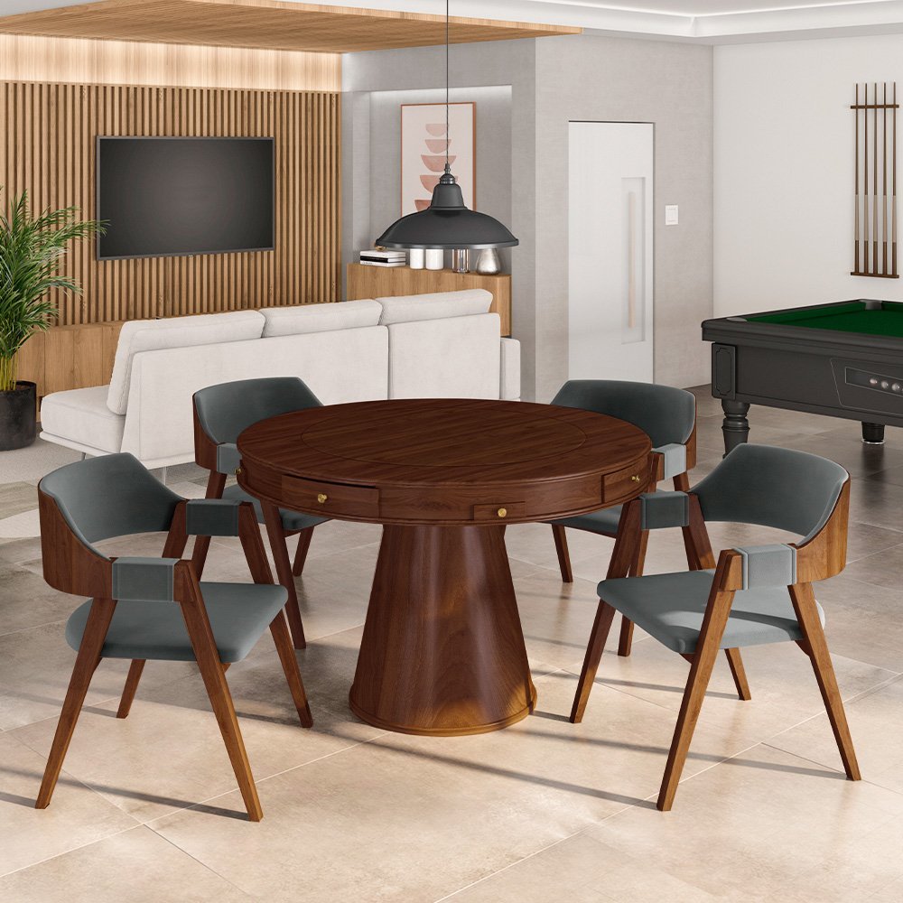 Conjunto Mesa de Jogos Carteado Bellagio Tampo Reversível e 4 Cadeiras Madeira Poker Base Cone Velud - 8