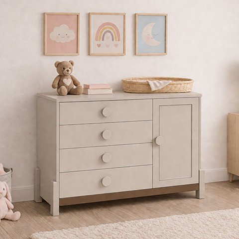 Cômoda Infantil 4 Gavetas com Porta e Cabideiro Luna Bege/Areia/Capuccino