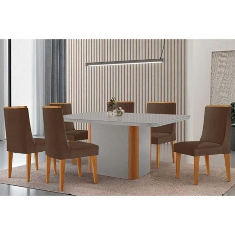 Conjunto Sala de Jantar Pietá C/ Tampo Madeirado C/ Vidro Canto Curvo 180x90cm e 6 Cadeiras Dakota