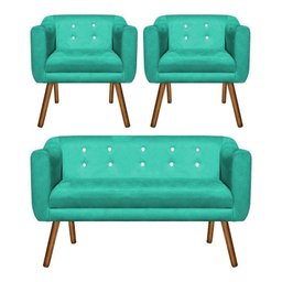 Kit Namoradeira 2 Lugares e 2 Poltronas Julia Suede Verde Tiffany com Strass - D'Rossi - 1 Kit Namoradeira 2 Lugares e 2 Poltronas Julia Suede Verde Tiffany com Strass - D'Rossi - 1