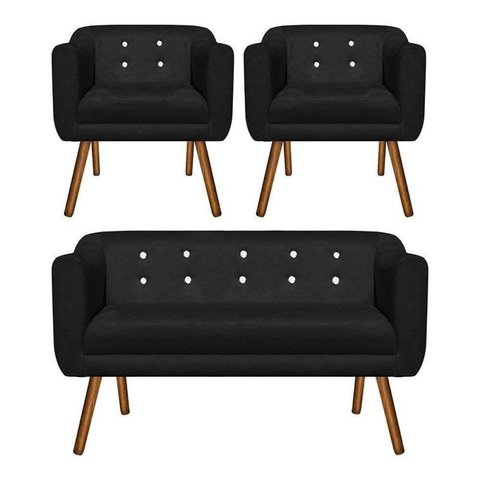 Kit Namoradeira 02 Lugares e 02 Poltronas Julia Suede Preto com Strass - D'Rossi