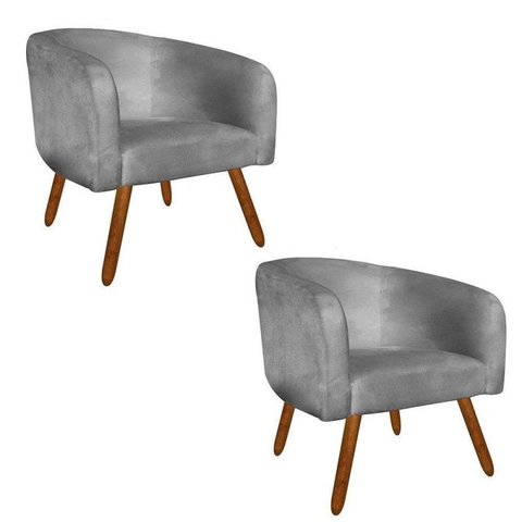 Kit 2 Poltronas Decorativa Stella Suede Cinza Pés Palito - D'Rossi