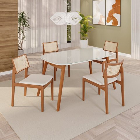 Sala de Jantar Mesa 135x76cm Tampo em MDF com Vidro 4 Cadeiras em Linho Ceci Yescasa Marrom/Marromis