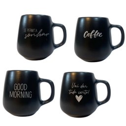 Jogo 4 Caneca Bojuda 260ml Porcelana Fosca para Cappuccino - Preta - 1