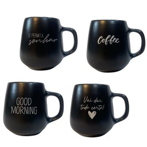 Jogo 4 Caneca Bojuda 260ml Porcelana Fosca para Cappuccino - Preta
