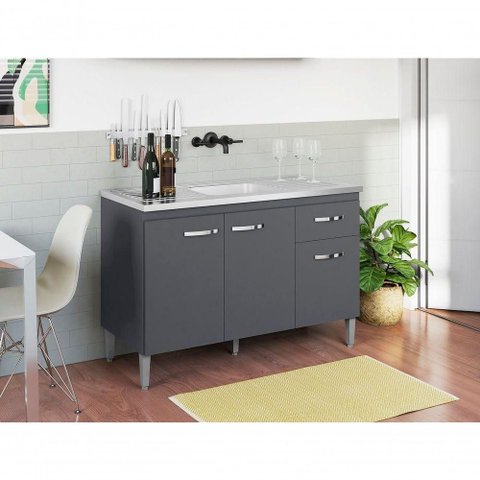Balcão de Cozinha Gabriela 3 Portas 1 Gaveta 118cm Cinza AJL Móveis