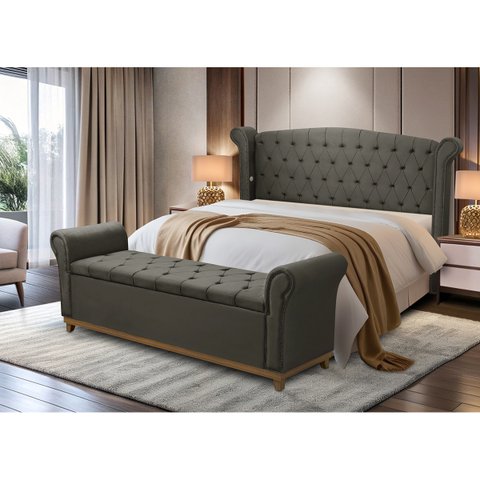 Kit Baú e Cabeceira Estofada Madeira Cama Box Grécia Queen:brida