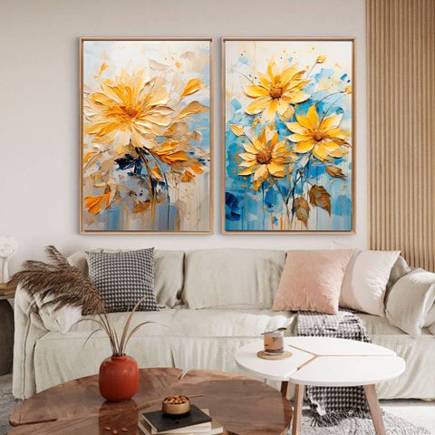 Quadro Decorativo Floral Amarelo e Azul em 2 Telas Canvas Tacolado Moldura Flutuante 4,5cm Freijó 60