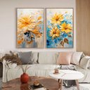 Ver imagem 1 de Quadro Decorativo Floral Amarelo e Azul em 2 Telas Canvas Tacolado Moldura Flutuante 4,5cm Freijó 60