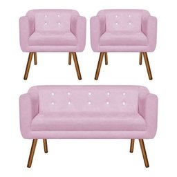Kit Namoradeira 02 Lugares e 02 Poltronas Julia Suede Rosa Bebê com Strass - D'Rossi - 1