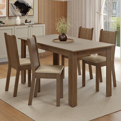 Conjunto Sala de Jantar Amora Mesa Tampo de Madeira 4 Cadeiras Rustic/Crema/Sintético Bege Madesa