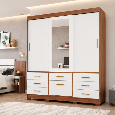 Guarda Roupa Lais 3 Portas Correr 7 Gavetas com Espelho MDF
