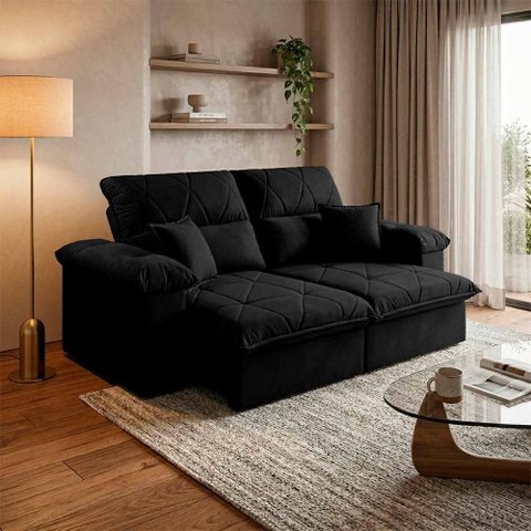 Sofá Retrátil Reclinável Trento 1,80m Suede Velut Preto Molas no Assento - King House