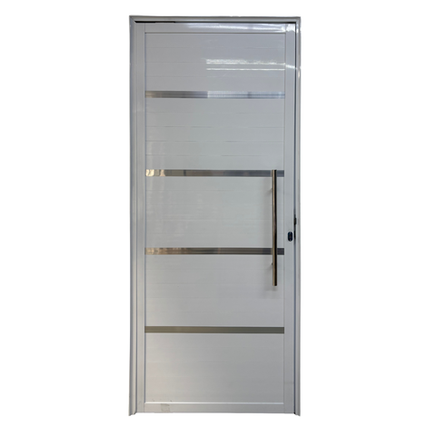 Porta de Aluminio Lambril Branco com Puxador e Friso Linha 25 - 210x70 Direita