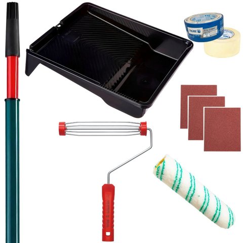 Rolo 23cm + Suporte Rolo 23cm + Bandeja 2,7l + 3 Lixas 120 + 3 Lixas 100 + Fita Crepe 48mmx50m + Cab