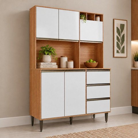 Armário de Cozinha 5 Portas 3 Gavetas Nicho Versatti Branco/Freijó/Off White