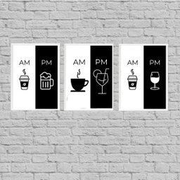 kit 3 Quadros Café Bebidas Alcóolicas- AM PM 33x24cm:Madeira branca - 1