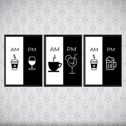 kit 3 Quadros Café Bebidas Alcóolicas- AM PM 33x24cm:Madeira branca - 2