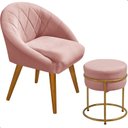 Ver imagem 2 de Poltrona Louis com Puff Argola Levi Veludo Rosa Pés Palito Castanho - Arkell