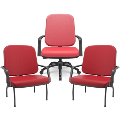 Kit Cadeira de Escritório Giratória e 2 Cadeiras Fixas Preta Magno P03 Vinil Vermelho - Lyam Decor