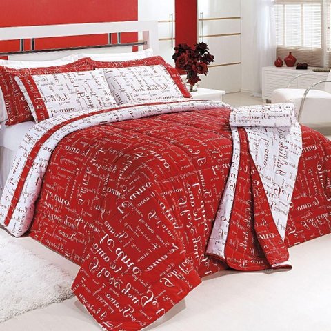 Edredom Queen Te Amo Dupla Face 150 Fios Algodão 5 Peças - Vermelho/branco