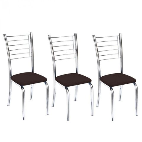 Kit 3 Cadeiras de Jantar Lara Cromada para Cozinha Assento Corino Marrom - Aurora Line