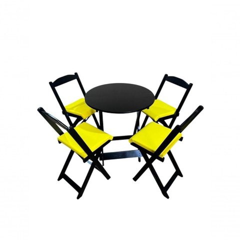 Conjunto Mesa Dobrável com 4 Cadeiras Preto Estofado Amarelo Redonda