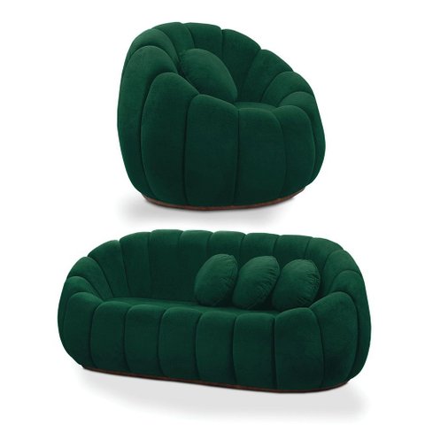 Sofá 2 Lugares com Poltrona Giratória Orgânica Cloud Bouclê Verde E03 - D’Rossi