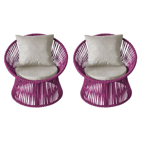 Kit 2 Poltronas Estofada Sol com Almofada em Corda Náutica e Base em Alumínio Preta/rosa