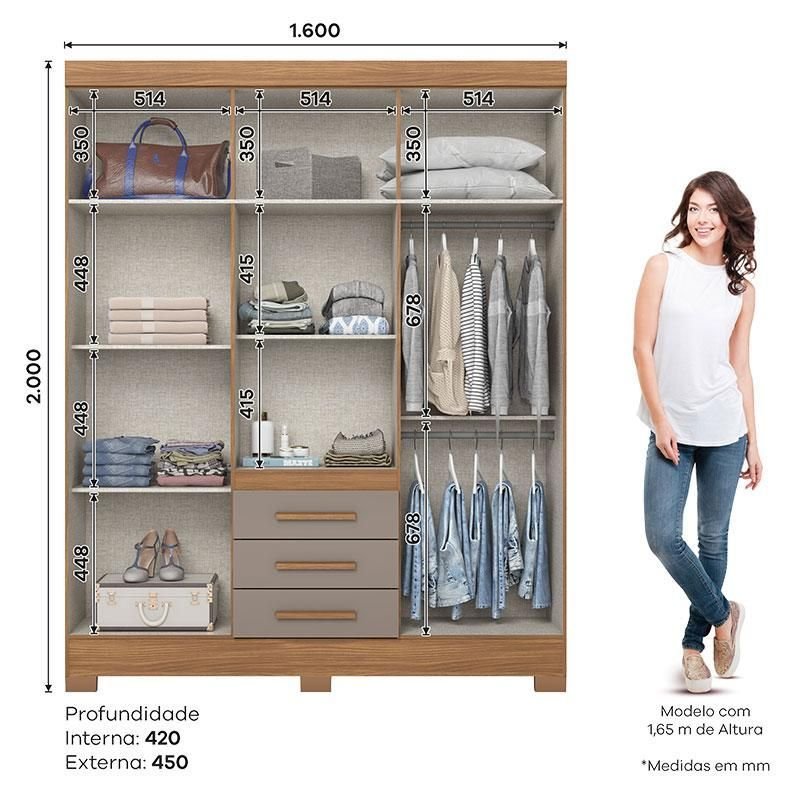 Guarda Roupa Alex4 Portas 3 Gavetas com Pés em Abs Nature Avelã