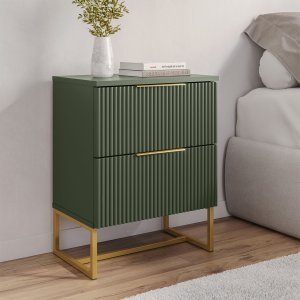 Mesa de Cabeceira Lumia com 2 Gavetas Detalhe Ripado Base de Aço Industrial - Verde/ Pé Dourado