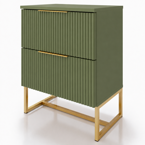 Mesa de Cabeceira Lumia com 2 Gavetas Detalhe Ripado Base de Aço Industrial Verde/Dourado Lh Móveis