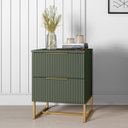 Ver imagem 3 de Mesa de Cabeceira Lumia com 2 Gavetas Detalhe Ripado Base de Aço Industrial - Verde/ Pé Dourado