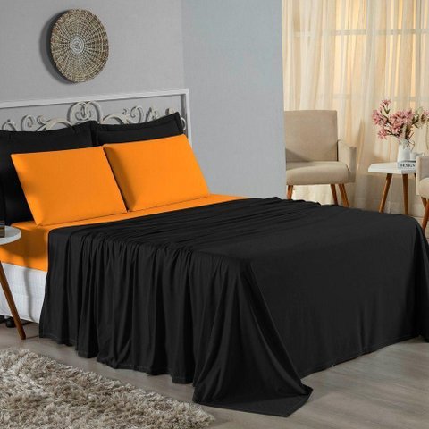 Jogo de Cama King Nobre 4 Peças Lençol com Elástico de 30cm de Altura Malha 100% Algodão - Preto