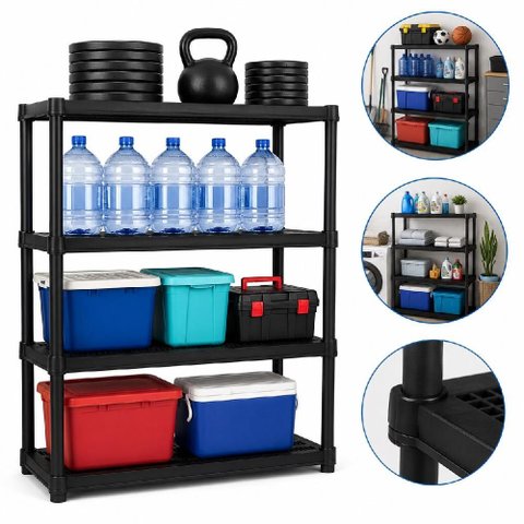 Estante Organizadora Plastica Preta 4 Prateleiras Multiuso Cozinha Lavanderia Despensa Garagem