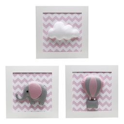 Trio De Quadros Elefante Balão Rosa Quarto Bebê Infantil Menina - 1