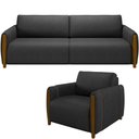 Ver imagem 1 de Kit Sofá 2 Lugares Sala Estar 168cm com Poltrona Flora Pés de Madeira M03 Couríssimo Preto -