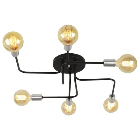 Lustre Sputnik 6 Braços Preto/Escovado Quarto Sala Cozinha