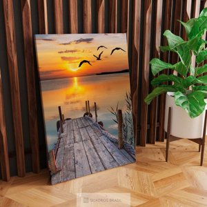 Quadro Paisagem Serenidade Entardecer Mar Pier e Pássaros