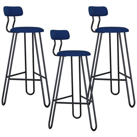 Kit 03 Banqueta Alta Bar Cozinha Sala de Jantar Áris C01 Preto Linho Azul Jeans - Lyam Decor