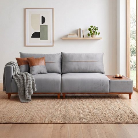 Sofá Living 3 Lugares Veludo com Mesa de Apoio Trento