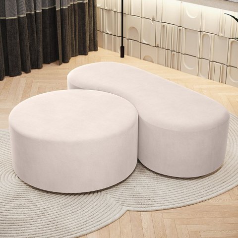 Kit Puff Redondo Lola e Puff Recamier Orgânico Orbit W01 Suede Bege - Lyam Decor