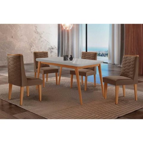 Conjunto: Mesa de Cozinha Havana Curvo 120cm + 4 Cadeiras Dafne Naturale/Off White - Suede Marrom -