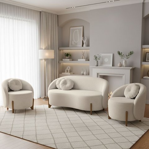Kit 01 Sofá 2 Lugares + 02 Poltronas Orgânicos c/ Almofadas Curvo Sala Recepção Amsterdã Boucle Off 
