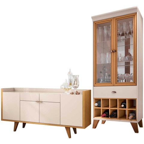 Kit Aparador 04 Portas Havana com Cristaleira Luma B01 Off White Cinamomo - Lyam Decor